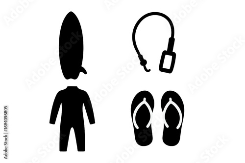 Surfing essentials icons. Simple black silhouettes of surfing gear and apparel. Vector cartoon illustration of surfboard, wetsuit, leash, and flip flops. Summer set.