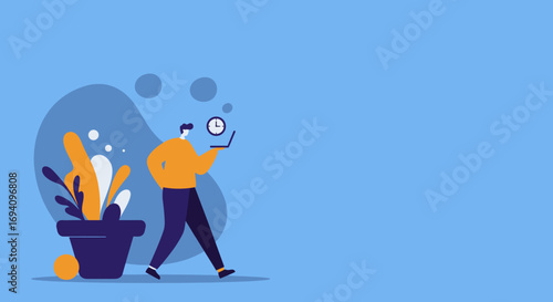 An illustrated man walks while working on a laptop, symbolizing productivity, time management, and flexible work. Ideal for business, technology, or lifestyle concepts.