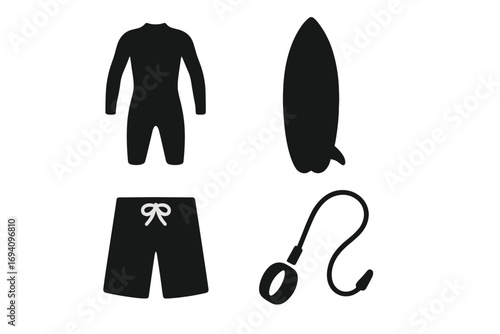 Surfing essentials icon set. Simple black silhouettes of surf gear, apparel. Vector illustration of wetsuit, surfboard, boardshorts, and leash. Water sports equipment symbols.