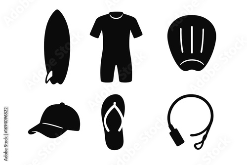 Surfing essentials icon set. Simple black silhouettes of summer water sport gear and apparel. Vector illustration with surfboard, wetsuit, fin, cap, flip flop, and leash.