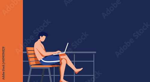 Man in shorts works on a laptop outdoors, embodying flexible remote work and digital nomad lifestyle. Ideal for business, travel, or freedom concepts.