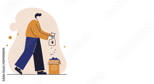 Person composting organic waste into a recycling bin, promoting environmental responsibility and sustainable living. Eco-friendly concept for waste management.
