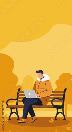 Young man works remotely on his laptop from a park bench, enjoying nature and flexible working. Perfect for lifestyle, technology, or business concepts.