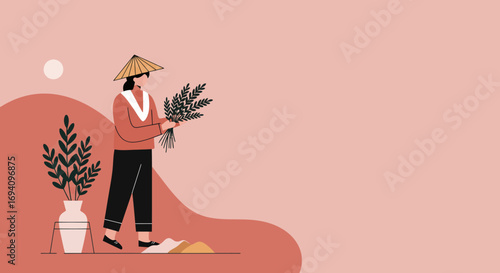 Illustration of a person in a traditional Asian conical hat holding harvested crops. Represents agriculture, cultural tradition, and a natural, sustainable lifestyle. Ideal for design.