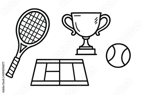 Tennis sport icon set in a hand-drawn doodle style. Vector line art illustration with racket, ball, winner trophy cup, and court sketch. Simple outline symbols for a game.