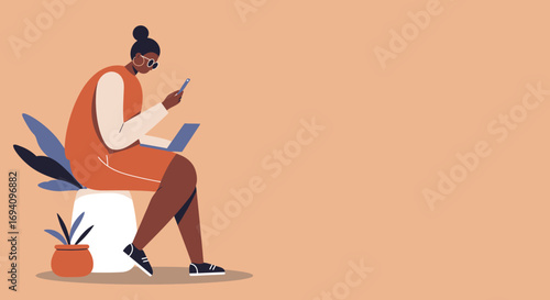 Focused woman sitting with laptop and phone, working remotely or studying online. Represents modern productivity, connectivity, and digital lifestyle.