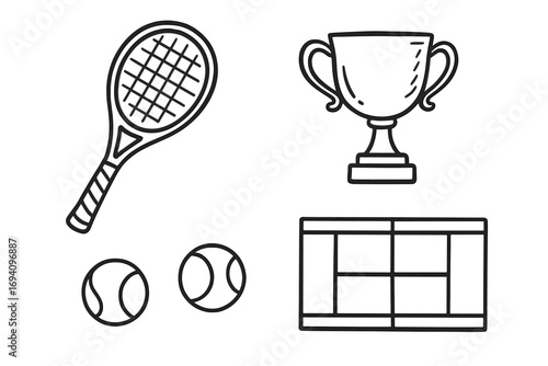 Tennis doodle set with racket, trophy and court sketches. Sport icons collection. Hand drawn vector illustration for competition, championship or game. Outline drawing elements.