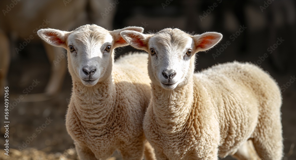 Obraz premium Two Lambs, SidebySide, Featuring Soft Wool Texture and Warm, Natural Lighting.