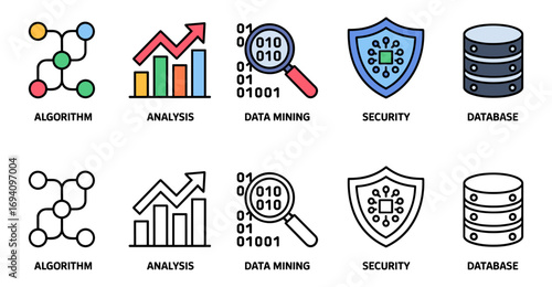 data and analysis icon set with algorithm, analysis, data mining, security and database symbols, vector illustrations for big data science