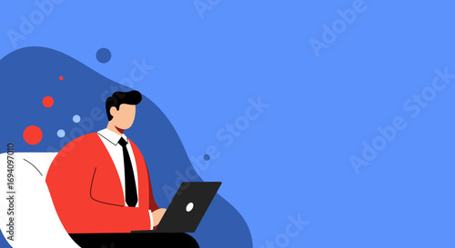 Professional man in a red sweater and tie works diligently on his laptop against a modern blue background, ideal for business, technology, and remote work concepts.