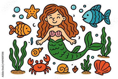 Cute mermaid and sea animals cartoon doodle icon set. Underwater adventure collection with fish, crab, starfish, and shell. Vector illustration for kids. Marine life elements.