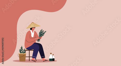 Person in traditional conical hat preparing fresh herbs for natural products or local remedies, representing mindful lifestyle and traditional craft.