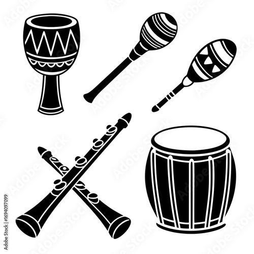 Black musical instruments collection drum maraca