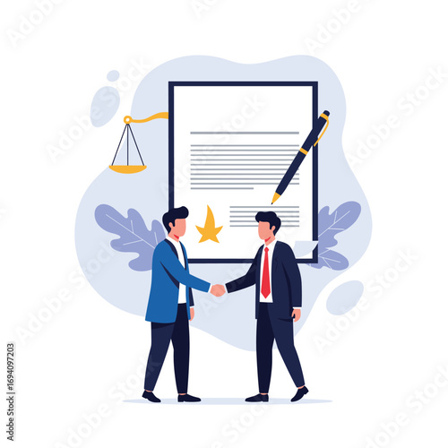 Businessmen shaking hands near a signed document symbolizing legal agreement and successful partnership in a professional setting
