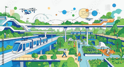 An advanced vision of sustainable urban development integrating futuristic transportation and green infrastructure for harmonious living