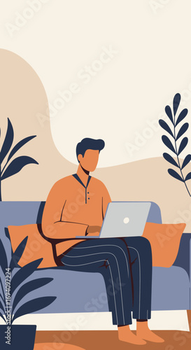 Man working from home on a laptop, sitting comfortably on a couch in a modern, relaxed interior. Ideal for remote work, freelancing, or online education.