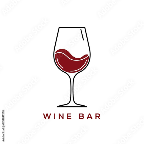 Minimalist illustration of a wine glass filled with red wine, with the words "WINE BAR" underneath in a simple font.