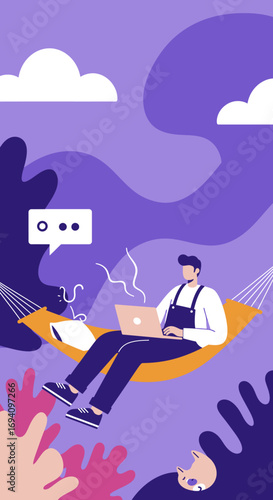 Man relaxes in a hammock, working remotely on a laptop, symbolizing flexible work-life balance, digital communication, and freedom. Ideal for modern business, freelance, and lifestyle concepts.