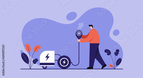 Man charging an electric device, highlighting sustainable energy, green technology, and eco-friendly solutions. Ideal for modern lifestyle, innovation, and future power concepts.