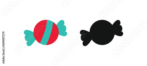 Flat design vector icon of a wrapped candy. Includes color and silhouette versions. Perfect for food, snack, and dessert themes