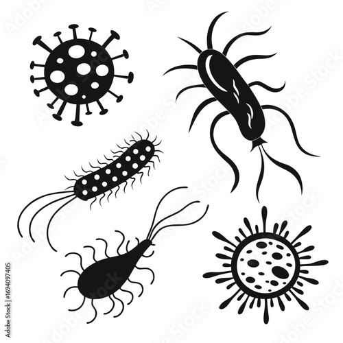 Black silhouette microscopic organisms and viruses