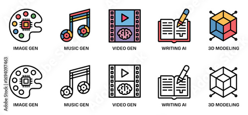 generative ai icon set with image, music, video, writing and 3d modeling symbols, vector illustrations for artificial content creation