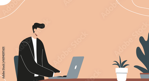 Professional man in a suit jacket working remotely on a laptop at his desk, highlighting concepts of business, productivity, and modern work environment.