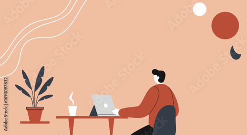 Professional illustration of a man focused on his laptop, working remotely from a comfortable, minimalist home office. Ideal for concepts of productivity, digital work, and modern lifestyle.