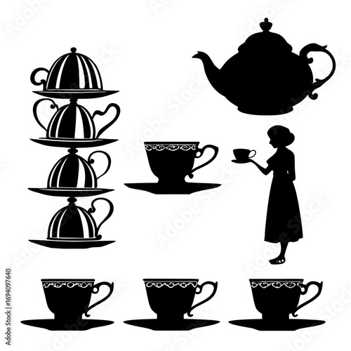 Black silhouettes of teaware and serving woman tea set