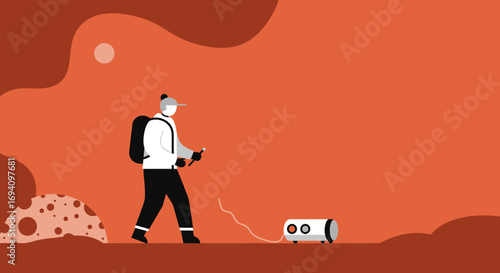 An explorer surveys a Martian-like alien landscape, tethered to a small rover, representing space travel, scientific discovery, and future colonization.