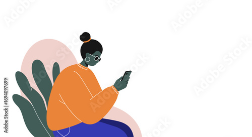 Young Black woman engrossed in her smartphone, connecting online or browsing content in a casual setting. Ideal for technology, lifestyle, and communication concepts.
