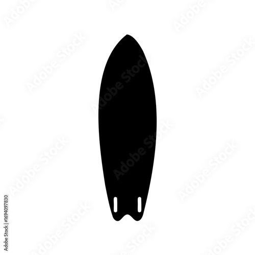 A silhouette of a black surfboard with tail fins on white background