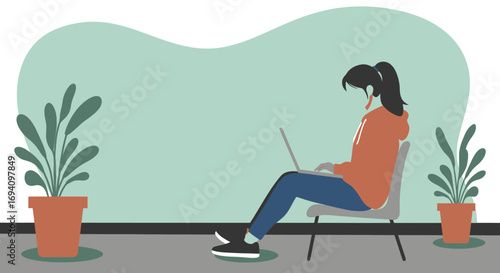 Focused individual working remotely on a laptop in a comfortable, minimalist home office setting. Represents productivity, online learning, or freelance work.