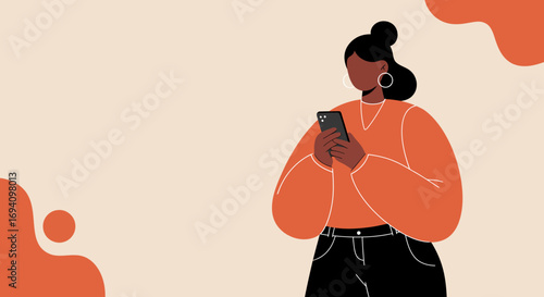 Stylish woman engaging with her smartphone, symbolizing digital communication, online connectivity, and modern lifestyle concepts. Ample copy space.