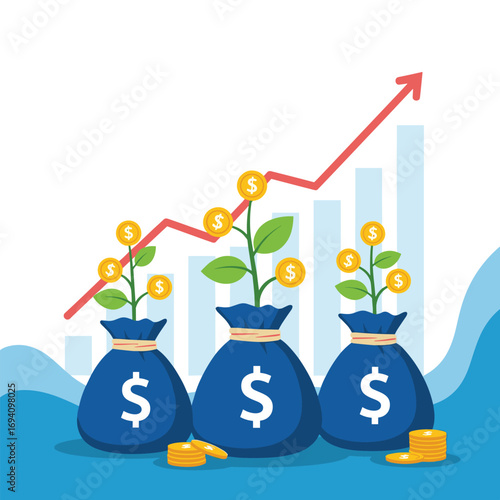 Visualizing the growth of financial investments through rising charts and money bags symbolizing prosperity and wealth accumulation