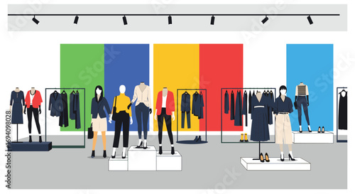 Modern retail clothing store display featuring mannequins and garments on racks