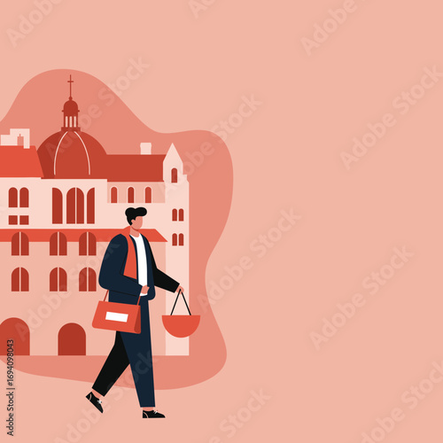 Fashionable man confidently walks through a charming European city street with architectural landmarks, embodying urban life and leisure.