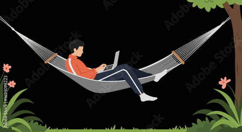 Person working remotely on a laptop while relaxing in a hammock outdoors, illustrating flexible work, digital nomad lifestyle, and productivity.