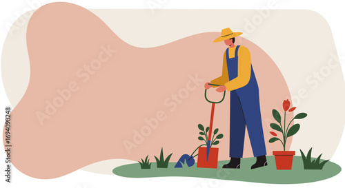 Person in a hat and overalls planting a small sapling in a pot, representing gardening, nature connection, and sustainable lifestyle. Ideal for hobby, growth, or environmental themes.