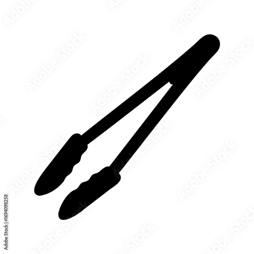 A black silhouette illustration of kitchen or cooking tongs used to grab food