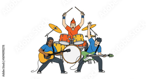 Flat style illustration of a rock band performing live with two guitarists and a drummer, showcasing energetic music, dynamic poses, and vibrant modern colors