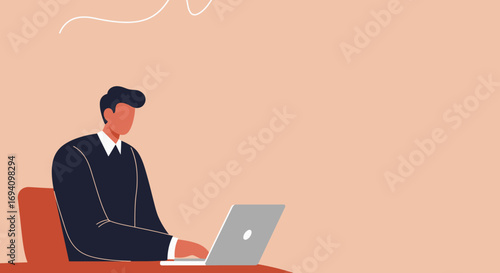 A focused professional man works diligently on his laptop at a desk. Ideal for concepts of productivity, remote work, online learning, and business success.