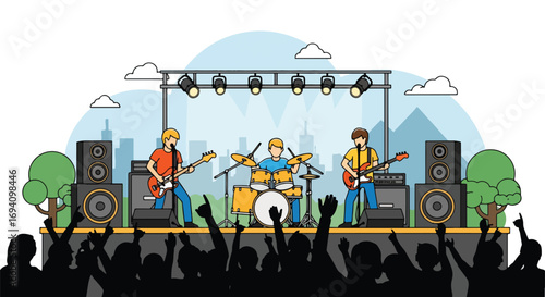 Flat style illustration of a live rock concert with guitarists and drummer on stage, bright lights, big speakers, and a cheering crowd enjoying the outdoor music festival