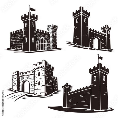 Castle walls and gates silhouettes fortress architecture