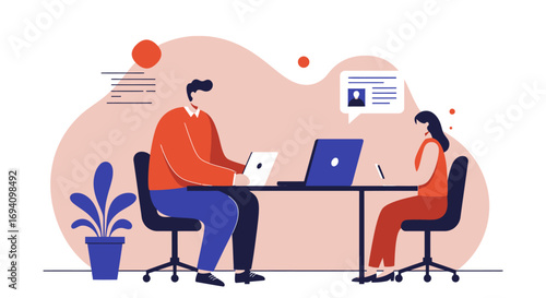 Two professionals collaborating or having an interview at an office desk with laptops, representing teamwork, hiring, or online communication. Ideal for business and technology themes.