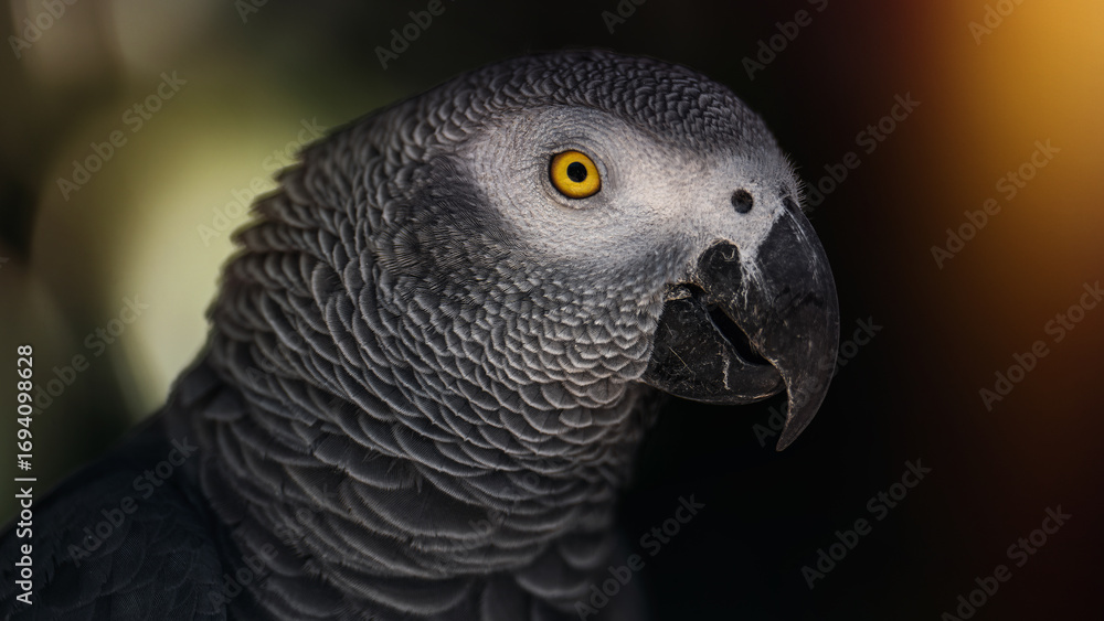Obraz premium Grey african parrot on the dark background portrait