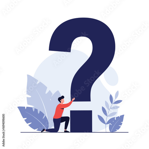 A person contemplating a giant question mark symbolizing the search for answers and understanding life's mysteries