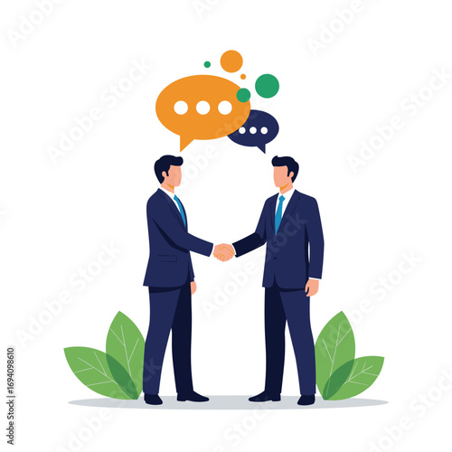 Two businessmen shaking hands during a discussion with speech bubbles above them illustrating communication and collaboration for a successful partnership