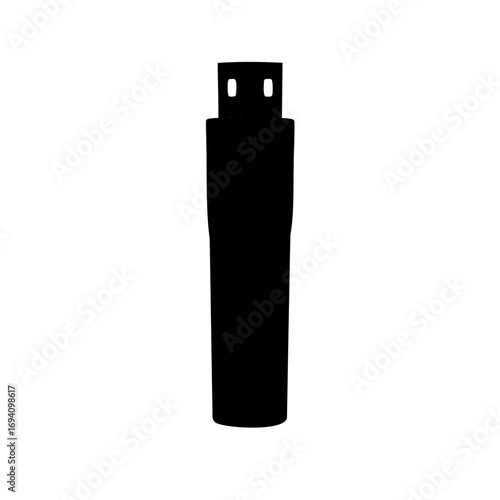 A simple black silhouette image of a standard USB flash drive