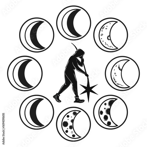 Celestial cycle silhouette person holding star moon phases